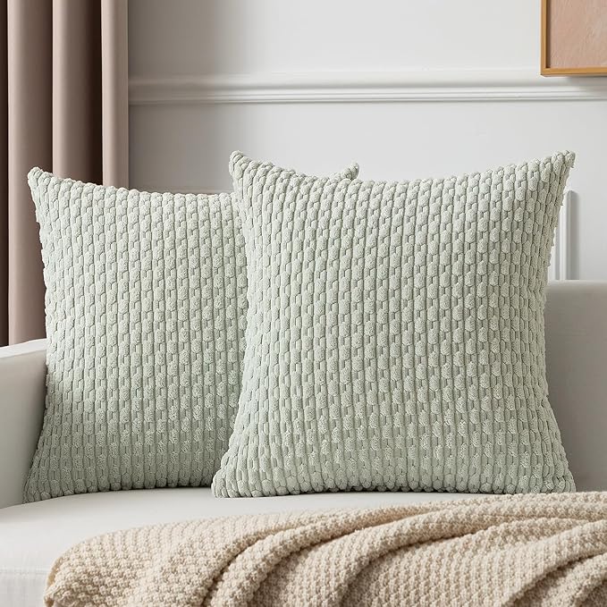 Kevin Textile 2 Packs Light Green Decorative Throw Pillow Covers 20x20 Inch for Living Room Couch Bed Sofa Spring Soft Striped Corduroy Square Cushion Case 50x50 cm Rustic Farmhouse Boho Home Decor