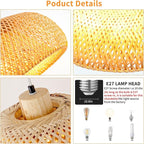 Bamboo Pendant Light, 11.8inch Hand-Woven Natural Wicker Rattan Bamboo Lamp, Beige Boho Hanging Chandelier, Rustic Island Dining Ceiling Light for Living Room, Kitchen, Farmhouse, Bedroom