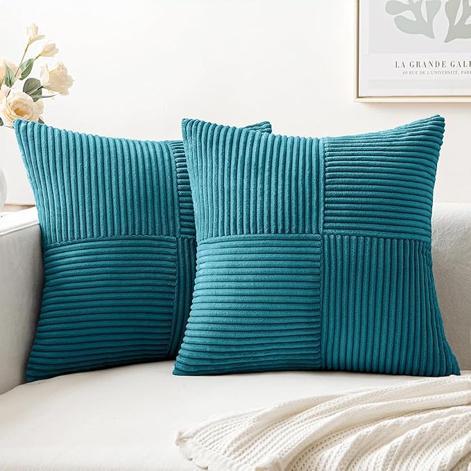 MIULEE Teal Corduroy Pillow Covers Pack of 2 Boho Decorative Spliced Throw Pillow Covers Soft Solid Couch Pillowcases Cross Patchwork Textured Cushion Covers for Living Room Bed Sofa 16x16 inch