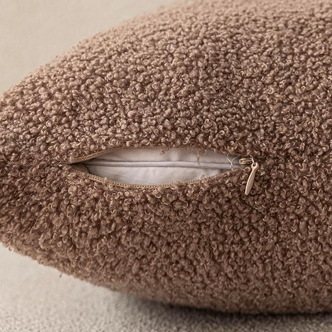 Foindtower Pack of 2, Curly Faux Fur Decorative Throw Pillow Covers Soft Boho Plush Cushion Case with Zipper Cozy Fluffy Pillowcase for Home Living Room Couch Bed Sofa 18 x 18 Inch, Chocolate