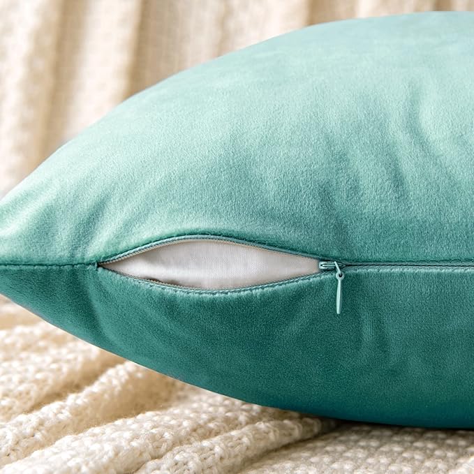 EMEMA Pack of 2 Velvet Throw Pillow Covers Decorative Square Pillowcase Soft Solid Cushion Case for Sofa Bedroom Chair Car 18x18 Inch Aqua Green