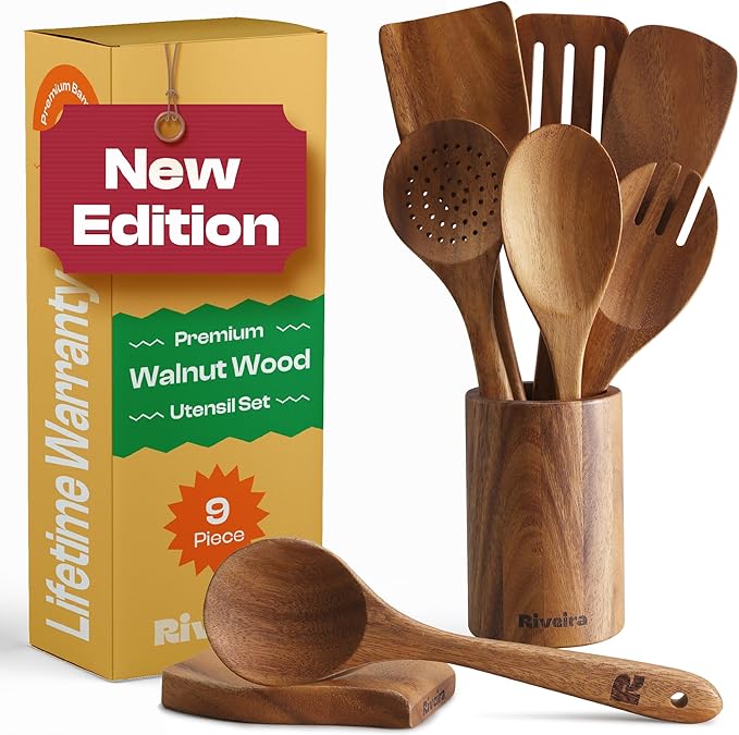 Riveira Walnut Wooden Cooking Utensils Set of 9 Premium Quality Non-Toxic Wooden Spoons, Spatula & Serving Utensils for All Cookware