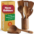 Riveira Walnut Wooden Cooking Utensils Set of 9 Premium Quality Non-Toxic Wooden Spoons, Spatula & Serving Utensils for All Cookware