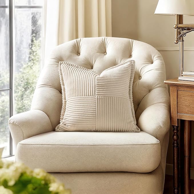 MIULEE Beige Pillow Covers 12x12 inch with Splicing Set of 2 Super Soft Boho Striped Christmas Pillow Covers Broadside Decorative Textured Throw Pillows for Couch Cushion Livingroom