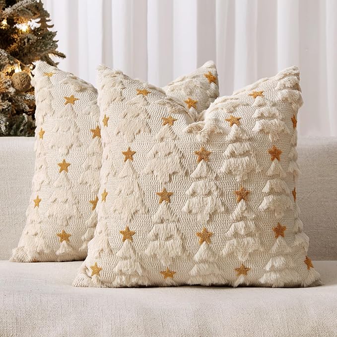 MIULEE Christmas Pillow Covers 18x18 Inch Set of 2, Beige Christmas Tree Plush Faux Fur Pillowcases Soft Decorative Throw Pillow Cases for Couch Sofa Living Room Winter Xmas Holiday Home Decor