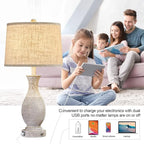 28" Farmhouse Table Lamp for Living Room, Rustic Touch Bedside Table Lamps Set of 2 with USB Charging Ports,3-Way Dimmable Nightstand Lamps for Bedroom,Oatmeal Linen Lampshade,LED Bulbs Included