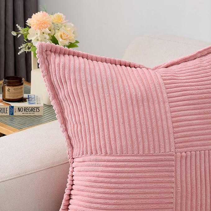 HAUSSY Pink Decorative Throw Pillow Covers 24x24 Inch Set of 2,Soft Solid Corduroy Striped Cushion Case,Square Euro Pillow Shams,Winter Home Decorations for Couch,Bed
