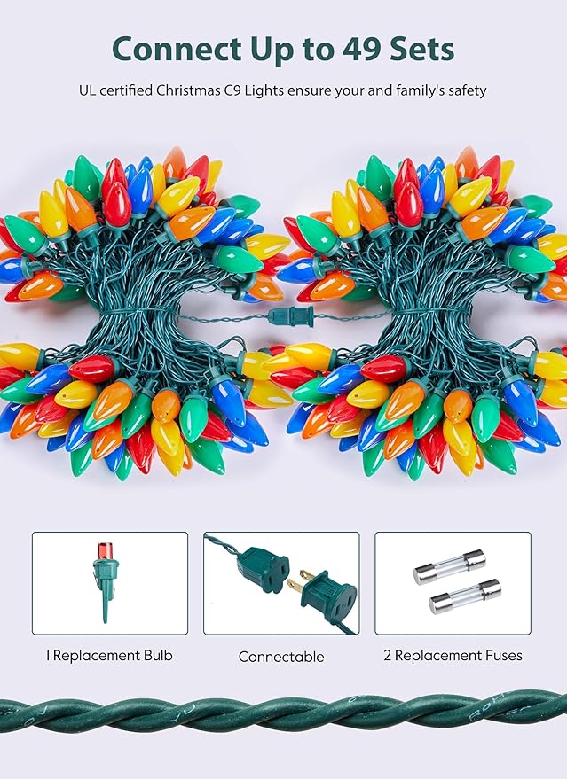 C9 Christmas Lights Outdoor, 100 Feet Strawberry Waterproof String Lights with 100 Bulbs, Connectable Waterproof Lights for Holiday Party Roofline Backyard Patio, Green Wire(Multicolor)