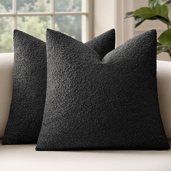 MIULEE 24x24 Decorative Euro Sham Throw Pillows for Bed Set of 2 Textured Boucle Neutral Winter Throw Pillow Covers Halloween Black Accent Solid Couch Pillowcases Sofa Livingroom Home Decor