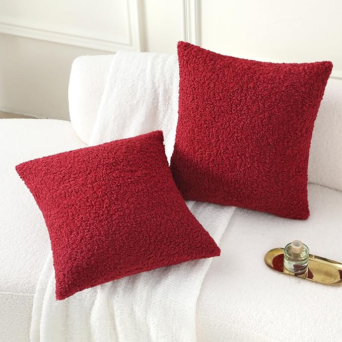 FUTEI Maroon Throw Pillow Covers 26x26 Inch Set of 2,Furry Faux Fur Teddy Boucle Textured Cushion Covers,Soft Fluffy Decorative Euro Pillow Shams,Home Decor for Couch Bed Living Room Office Car