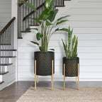 Oakrain Mid Century Planters for Indoor Plants, Set of 2, Modern Decorative Metal Pots for Living Room, Office, Garden or Balcony, Black&Golden Honeycomb, 10inch&12inch