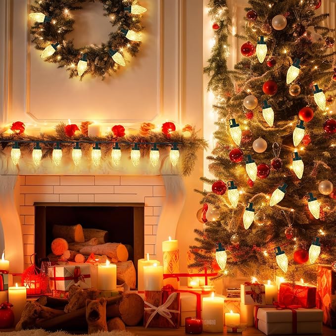 Brightever C9 Battery Christmas Lights, 35FT 50LED Christmas Tree Lights Indoor with Timer & 8 Lighting Modes, Waterproof Battery String Light for Party Wedding X-mas Decoration, Warm White, 1-Pack