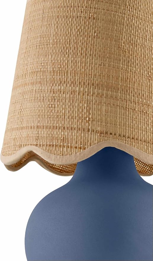 BoutiqueRugs Navarro Boho Ceramic Bedside Table Lamp for Bedroom Nightstand and Living Room - Shade Rattan - Blue, Beige - 13" H