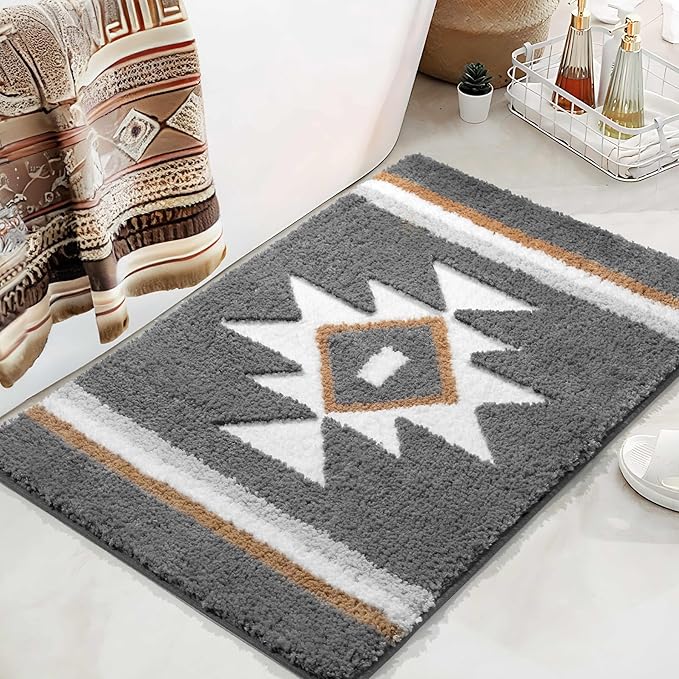 Grey Bathroom Rugs Boho Bath Mat Non Slip, Soft Absorbent Bath Rug Washable Floor Mat for Bathroom Shower Tub Modern Decor, 20x32