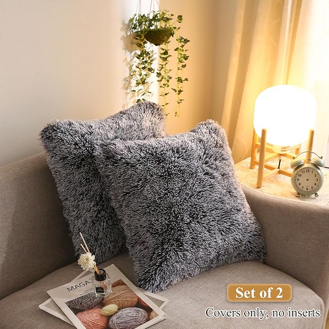XeGe Cozy Faux Fur Throw Pillow Covers, Zippered Fluffy Cushion Covers, Shaggy Fuzzy Decorative Pillow Covers, Plush Furry Pillowcases Pack of 2 for Sofa Couch Home Decor (18''x18'', Black Ombre)