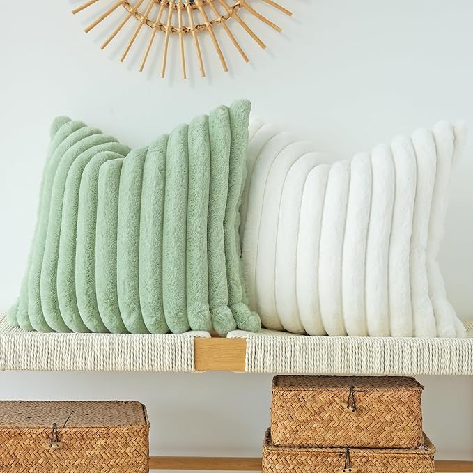 JOJUSIS Pack of 2 Faux Fur Plush Decorative Throw Pillow Covers Couch Cushion Case Soft Pillowcases (Sage Green, 20 x 20-Inch)