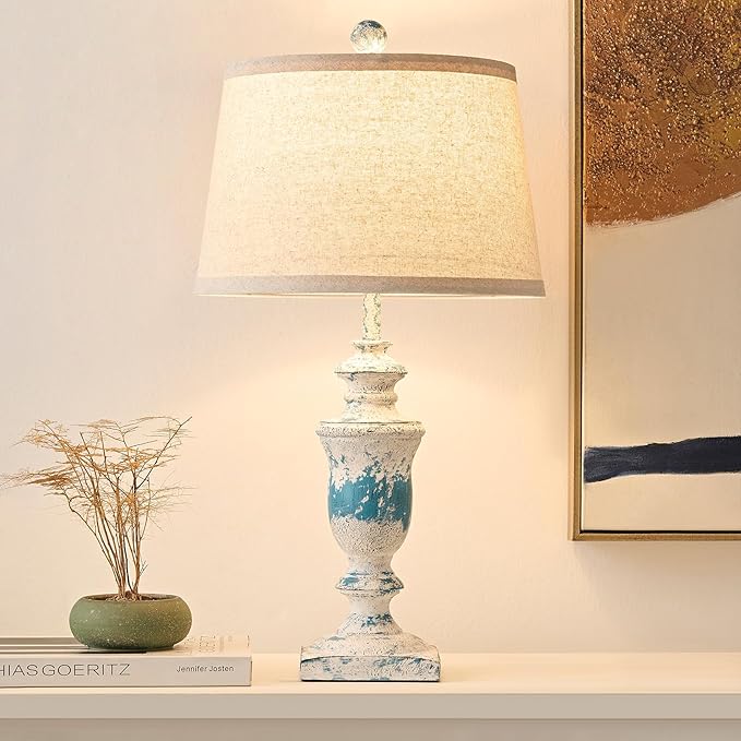 23" Farmhouse Table Lamps Set of 2, 3 Way Dimmable Lamps with 2 LED Bulbs and Rocker Switch, Vintage Nightstand Lamp for Bedroom Living Room Office End Table Entryway, Washed Blue