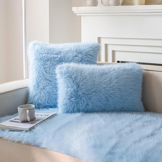Neelvin Blue Faux Fur Cozy Fluffy Double-Sided Decorative Throw Pillow Covers 12x20 inch Set of 2,Velvet Pillowcase Cushion Case for Sofa Couch