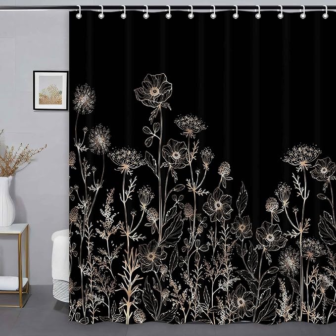 Black and Gold Vintage Boho Shower Curtain Set 72X72 Inch Black Tan Cream Floral Aesthetic Dark Wildflower Botanical Design Farmhouse Plant Art Chic Bathroom Decor