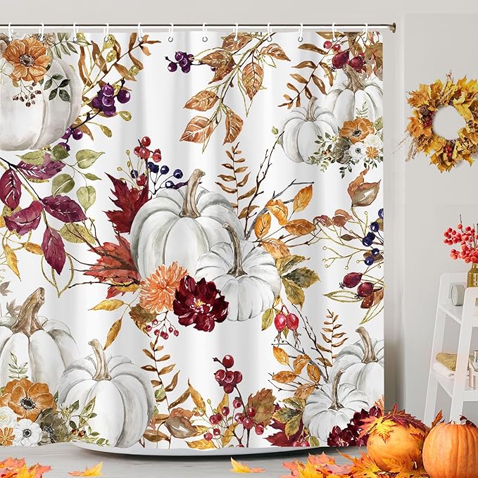 Fall Boho Shower Curtain Set, Rustic Autumn Harvest Pumpkins Leaves Yellow Gold Floral Shower Curtains, Farmhouse Fall Thanksgiving Harvest Shower Curtain for Bathroom, 72"X72" with Hooks Fabric