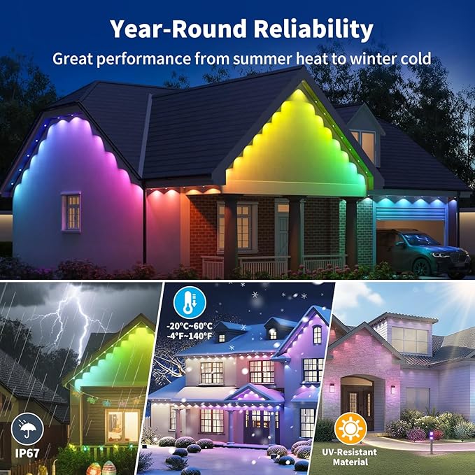 XINKAITE 150FT Permanent Outdoor Lights with 75 LEDs - Smart RGB+IC with 16 Million DIY Colors, IP67 Waterproof, App & Remote Control, Hundreds of Dynamic & Scene Modes for Holidays, Christmas & Home