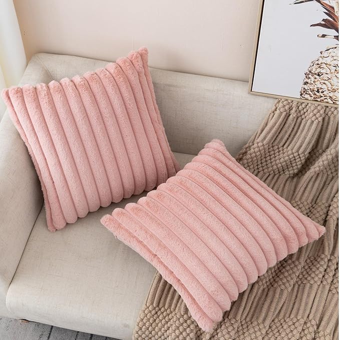 ZLINA Set of 2 Baby Pink Faux Fur Decorative Throw Pillow Covers Fluffy Striped Pillowcase Cushion Covers 22 x 22 Inch Decor Sofa Couch Bedroom