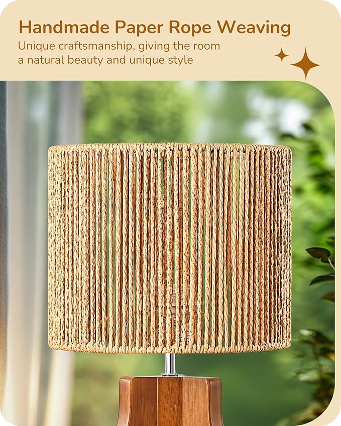 EDISHINE Small Table Lamp, Wood Rattan Nightstand Lamp with ON-Off Switch,E26 Base, Bedside Lamp for Living Room, Bedroom, Bohemian