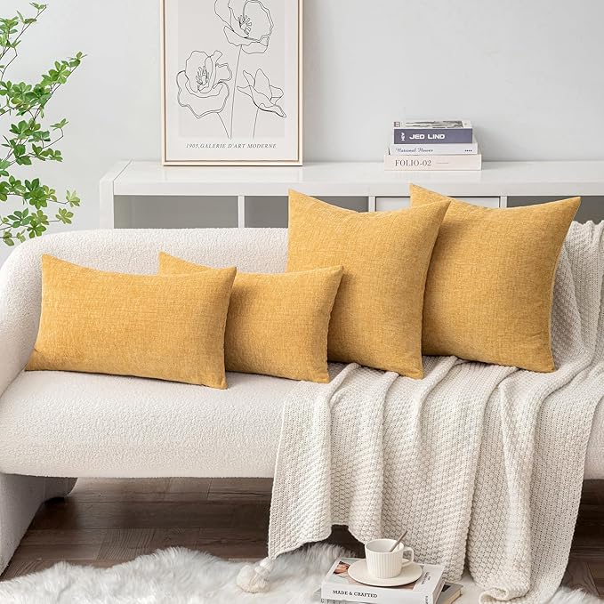 MIULEE Pack of 2 Couch Throw Pillow Covers 16x16 Inch Soft Beige Yellow Chenille Pillow Covers for Sofa Living Room Solid Dyed Pillow Cases