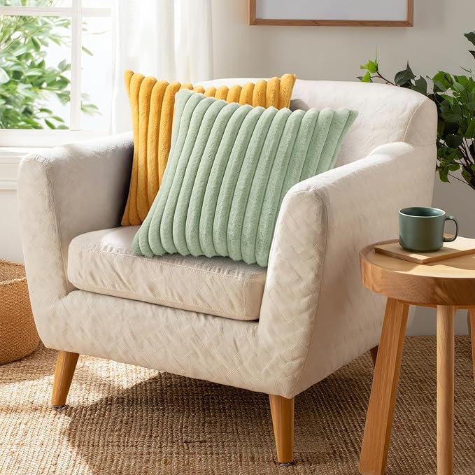 Pallene Faux Fur Plush Lumbar Throw Pillow Covers 12x20 Set of 2, Luxury Soft Fluffy Striped Decorative Pillow Covers for Sofa, Couch, Living Room, Sage Green