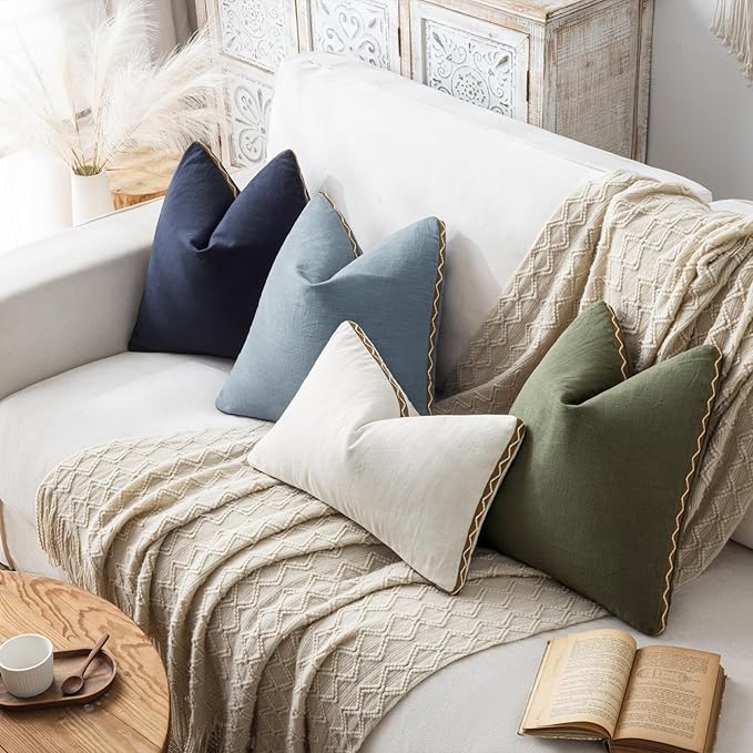 Decorative Neutral Linen Throw Pillow Covers 12x20 Inch Set of 2, Navy Blue Boho Farmhouse Pillow Covers with Braid Fringe for Sofa Bed Modern Couch Pillow Cases for Organic Home Decor
