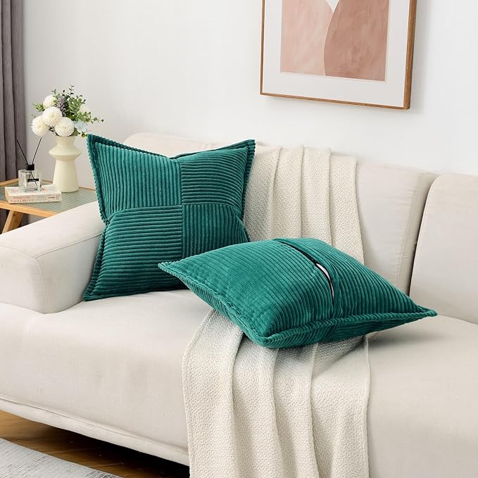 HAUSSY Teal Throw Pillow Covers 18x18 Inch Set of 2,Soft Solid Corduroy Striped/Wide Bordered,Square Decorative Cushion Case,Spring Home Decorations for Couch,Bed