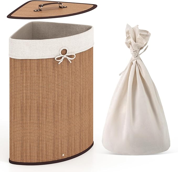 Giantex Corner Laundry Hamper with Lid, 58 L Bamboo Laundry Basket with Removable Liner & Handle, Triangle Clothes Hamper for Small Spaces, Bedroom, Bathroom, Laundry & Living Room (Bamboo)