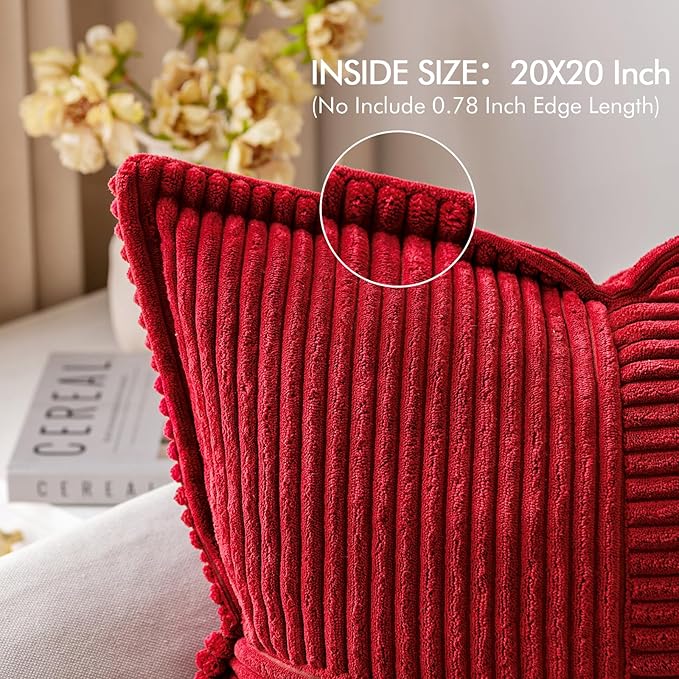 MIULEE Christmas Decorative Throw Pillow Covers for Couch Bed Livingroom 20x20 Inch Set of 2 Red Boho Accent Throw Pllows Broadside Striped Patchwork Soft Corduroy Pillowcases