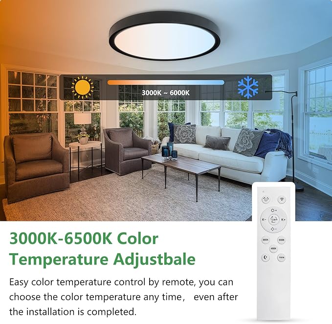20 Inch Large LED Flush Mount Ceiling Light with Remote,40W,4350LM,3000K-6000K Selectable,Black Round Flat Panel Low Profile Ceiling Light Fixture for Kitchen,Bedroom,Hallway,Bathroom