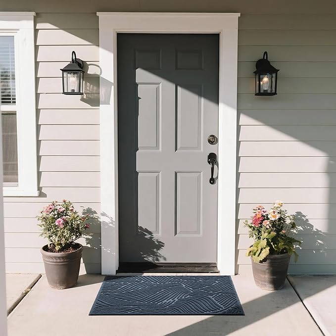 Yimobra Large Door Mat 36x24, All-Weather Waterproof Art Line Outdoor Mats for Front Door, Heavy Duty Non-Slip Welcome Matt for Garage Patio Proch Entryway Indoor, Blue