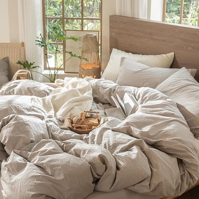 MooMee Wavy Striped Duvet Cover Set 100% Washed Cotton Linen Like Textured Breathable Durable Soft Comfy (Beige, Cal King 104"x98")