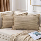 Mecatny Corduroy Throw Pillow Covers 12x20 Set of 2, Neutral Decorative Soft Boho Lumbar Couch Pillow Covers with Broadside for Sofa Living Room, Khaki