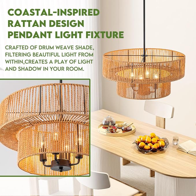 Rattan Pendant Light Boho Wicker Chandelier Kitchen Island Lighting 2-Tier Drum Basket Hanging Light Woven Shade Dinning Room Light Fixture Living Room Bedroom Entrance Farmhouse Chandeliers
