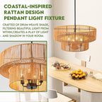 Rattan Pendant Light Boho Wicker Chandelier Kitchen Island Lighting 2-Tier Drum Basket Hanging Light Woven Shade Dinning Room Light Fixture Living Room Bedroom Entrance Farmhouse Chandeliers