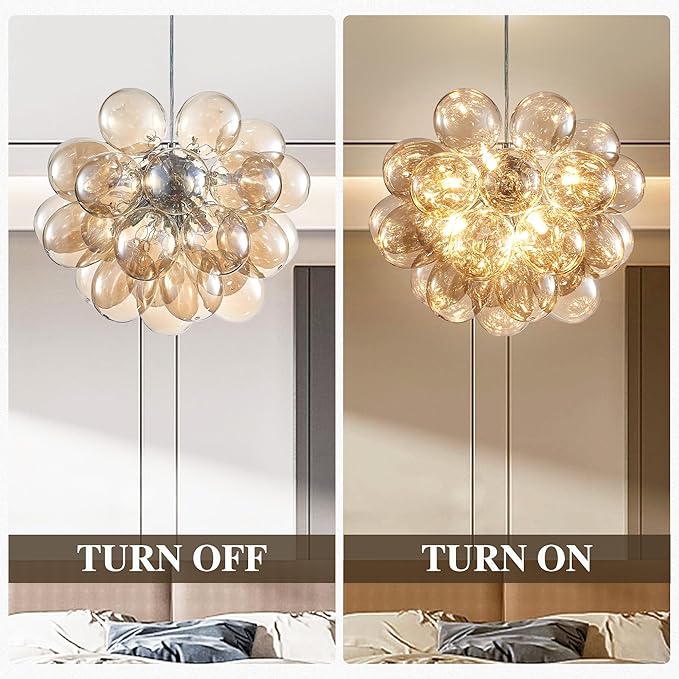 Longree Champagne Bubble Ball Chandelier, Dia 20 inch Blown Glass Cognac Glass Pendant Light Fixture for Bedroom Study Bathroom Foyer Entryway Lamp