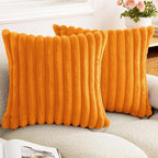 Double-Sided Faux Fur Plush Fall Throw Pillow Covers 24x24 Set of 2 Fuzzy Striped Soft Cozy Pillowcase Luxury Decorative Pillows Square Fluffy Cushion Covers for Couch Sofa Bed,Orange