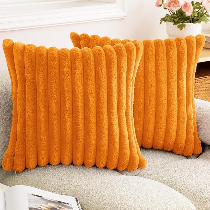 Double-Sided Faux Fur Plush Fall Throw Pillow Covers 16x16 Set of 2 Fuzzy Striped Soft Cozy Pillowcase Luxury Decorative Pillows Square Fluffy Cushion Covers for Couch Sofa Bed,Orange