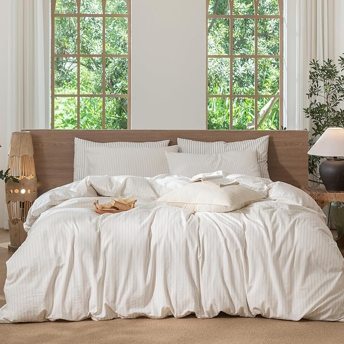 MooMee Striped Duvet Cover Set 100% Washed Cotton Linen Like Textured Breathable Durable Soft Comfy (White Almond Milk Grey Wide Stripes, Twin 68"x90")