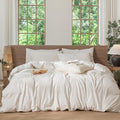 MooMee Striped Duvet Cover Set 100% Washed Cotton Linen Like Textured Breathable Durable Soft Comfy (White Almond Milk Grey Wide Stripes, Palatial King/Oversized King 120"x98")