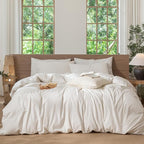 MooMee Striped Duvet Cover Set 100% Washed Cotton Linen Like Textured Breathable Durable Soft Comfy (White Almond Milk Grey Wide Stripes, Oversized King Plus 128"x120")