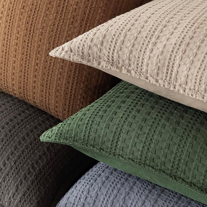 Foindtower Set of 2 Decorative Cotton Waffle Weave Lumbar Throw Pillow Covers Euro Shams Cushion Covers Accent European Pillowcase for Bed Couch Bedroom Living Room Home Decor 12×20 Inch Dark Green