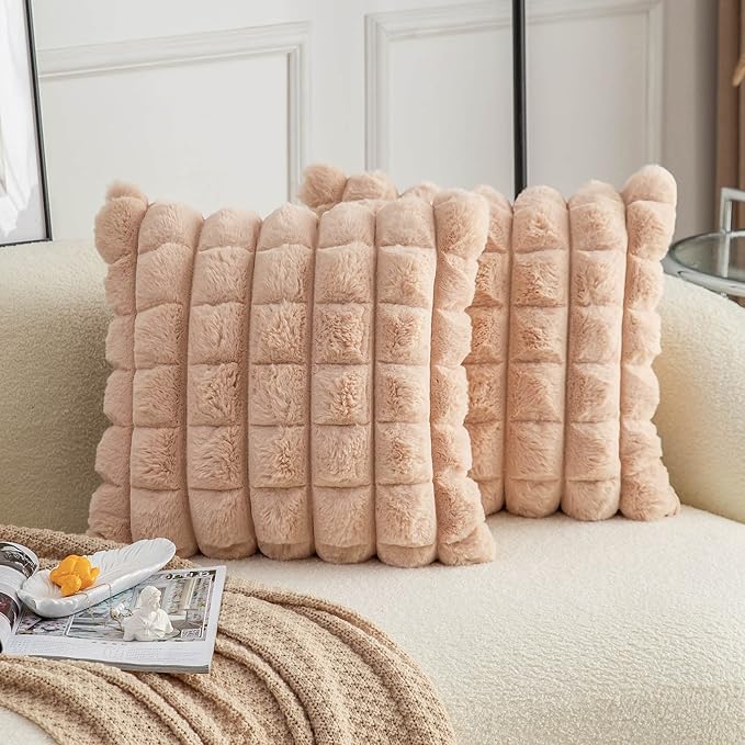 Neelvin Camel Faux Fur Cozy Soft Plaid Decorative Throw Pillow Covers 22x22 inch Set of 2,Velvet Pillowcase Cushion Case for Sofa Couch