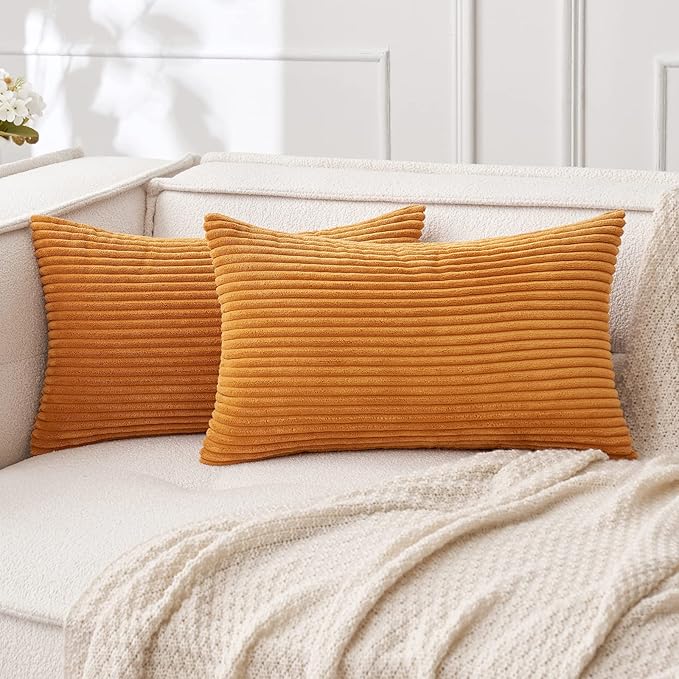 MIULEE Pack of 2 Burnt Orange Pillow Covers 12x20 Inch Soft Boho Striped Corduroy Throw Pillow Covers Set Decorative Square Cushion Cases Pillowcases for Sofa Bedroom Couch