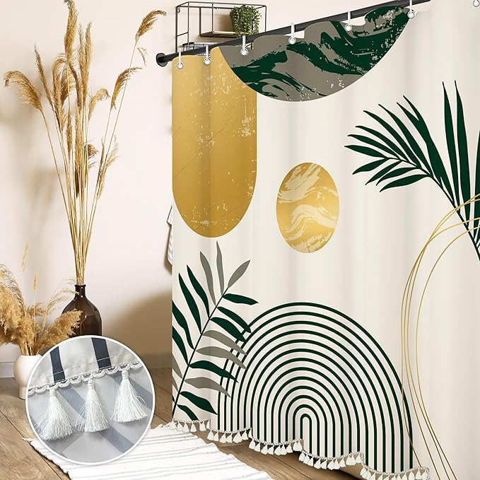 Boho Mid Century Leaf Shower Curtain Set,Arch Sun Design,Minimalistic Leaves Pattern,Waterproof and Luxurious Fabric-12 Hooks(Sage Green-72" x 72")