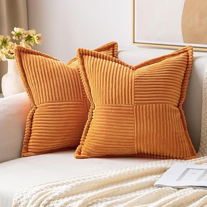 MIULEE Burnt Orange Fall Decorative Throw Pillow Covers for Couch Bed Livingroom 16x16 Inch Set of 2 Boho Accent Throw Pllows Broadside Striped Patchwork Soft Corduroy Pillowcases